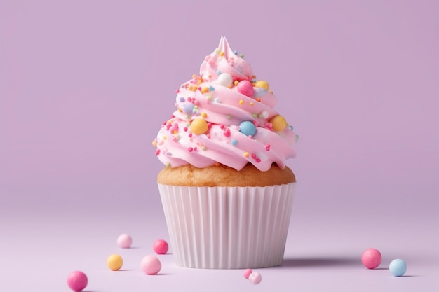 c'è un cupcake con glassa rosa e spruzzate su di esso generativo ai