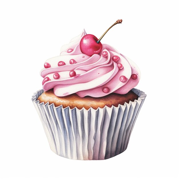 C'è un cupcake con glassa rosa e una ciliegina in cima generativa ai