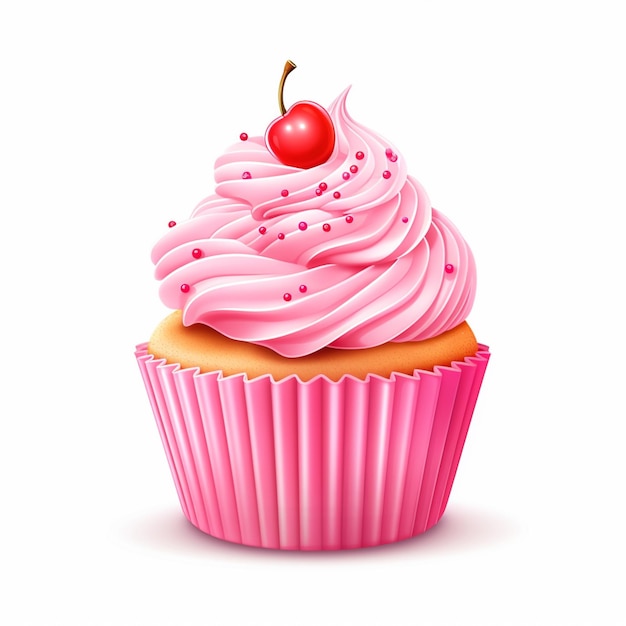 C'è un cupcake con glassa rosa e una ciliegina sulla torta ai generativa