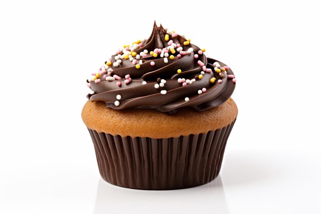 C'è un cupcake con la glassa di cioccolato e schegge di cioccolate