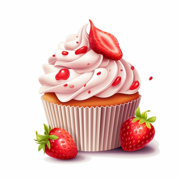 C'è un cupcake con panna e fragole in cima ai generativo