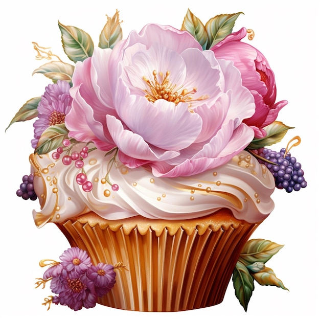 c'è un cupcake con sopra un fiore ai generativo