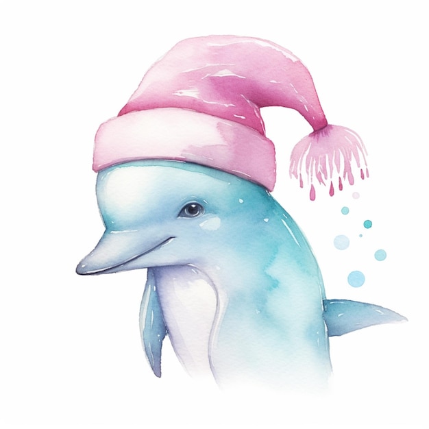 C'è un delfino che indossa un cappello di Babbo Natale e un cappelli rosa generativo ai
