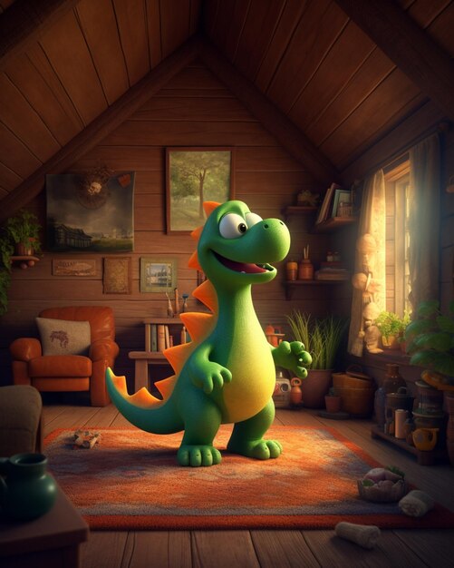 C'è un dinosauro dei cartoni animati in piedi in una stanza con un tappeto generativo ai