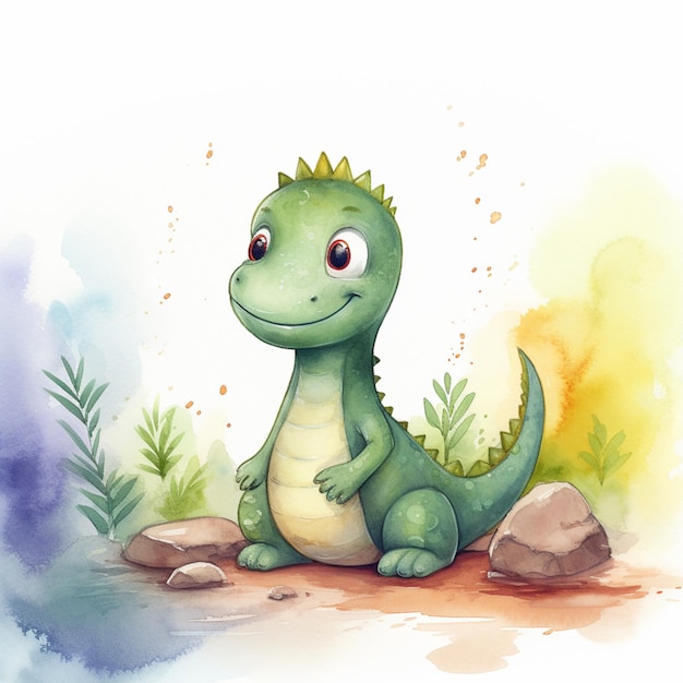 c'è un dinosauro dei cartoni animati seduto su una roccia nell'erba generativa ai