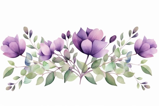 c'è un dipinto ad acquerello di fiori viola e foglie verdi generative ai