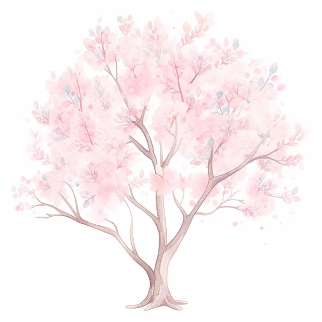 c'è un dipinto ad acquerello di un albero con fiori rosa ai generativi