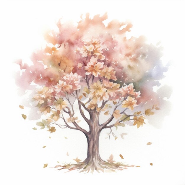 c'è un dipinto ad acquerello di un albero con foglie generative ai