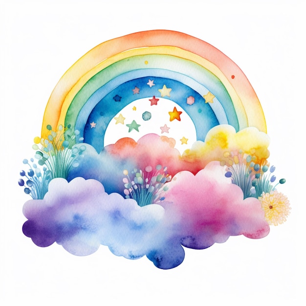 C'è un dipinto ad acquerello di un arcobaleno e nuvole generative ai