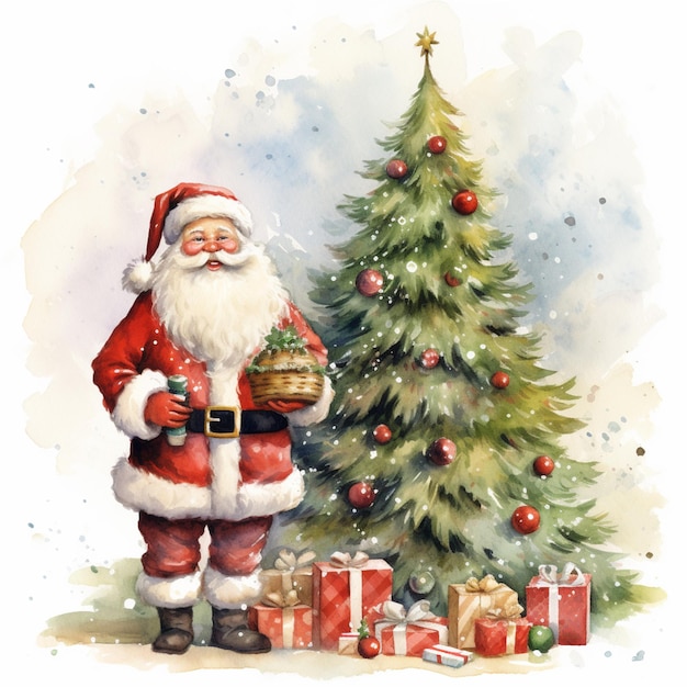 C'è un dipinto ad acquerello di un Babbo Natale in piedi accanto a un albero di Natale generativo ai