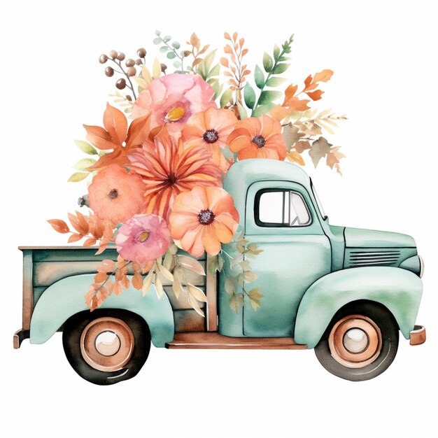 c'è un dipinto ad acquerello di un camion con fiori sul retro ai generativi