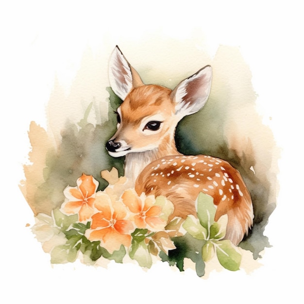 C'è un dipinto ad acquerello di un cervo con fiori generativo ai