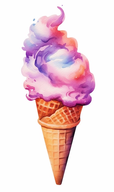c'è un dipinto ad acquerello di un cono con una nuvola di gelato generativo ai