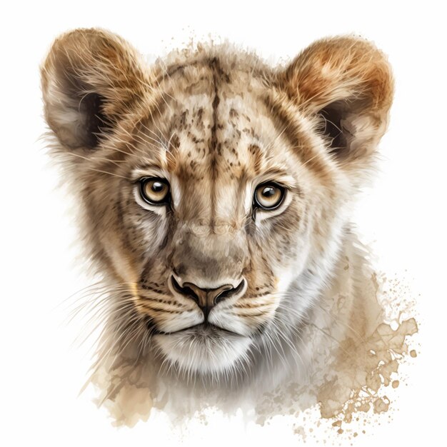 C'è un dipinto ad acquerello di un cucciolo di leone su uno sfondo bianco ai generativo