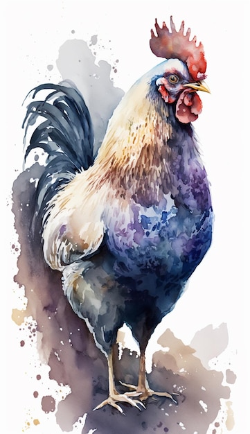 C'è un dipinto ad acquerello di un gallo in piedi su una superficie bianca generativa ai.