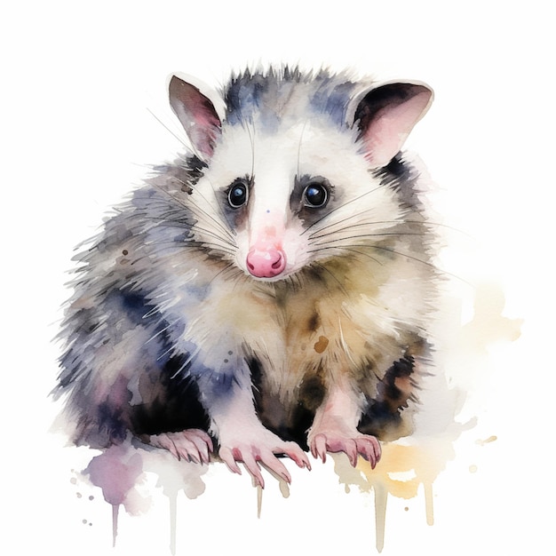 c'è un dipinto ad acquerello di un opossum seduto su un tavolo generativo ai