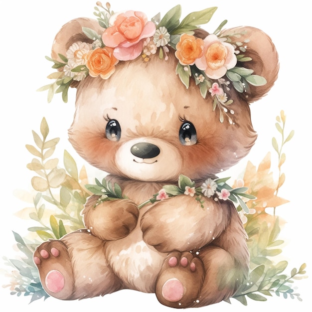 c'è un dipinto ad acquerello di un orsacchiotto con fiori in testa ai generativa