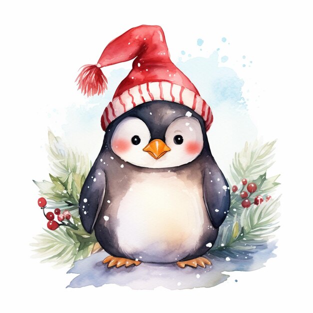 C'è un dipinto ad acquerello di un pinguino che indossa un cappello di Babbo Natale generativo ai