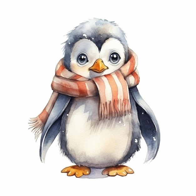 C'è un dipinto ad acquerello di un pinguino che indossa una sciarpa generativa ai