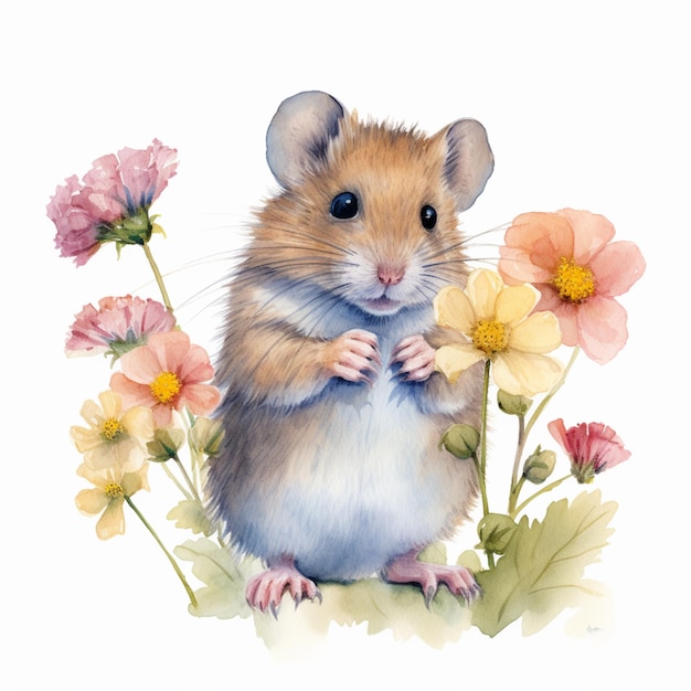 c'è un dipinto ad acquerello di un topo in un campo di fiori generativo ai