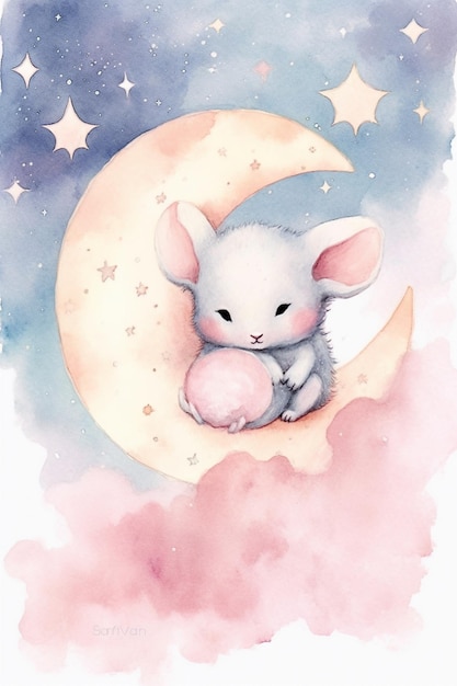 C'è un dipinto ad acquerello di un topolino seduto su una luna generativa ai