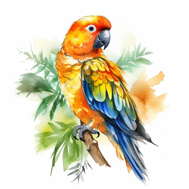 C'è un dipinto ad acquerello di un uccello colorato su un ramo generativo ai