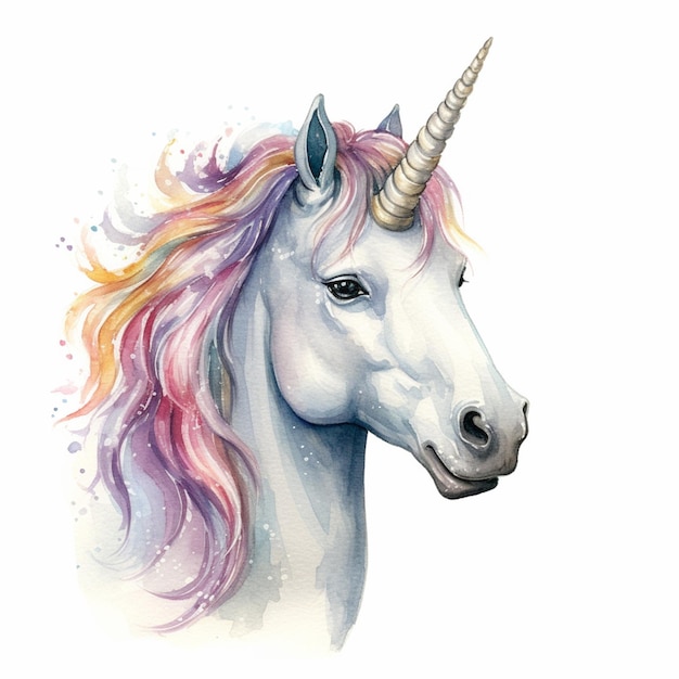 c'è un dipinto ad acquerello di un unicorno con una lunga criniera generativa ai