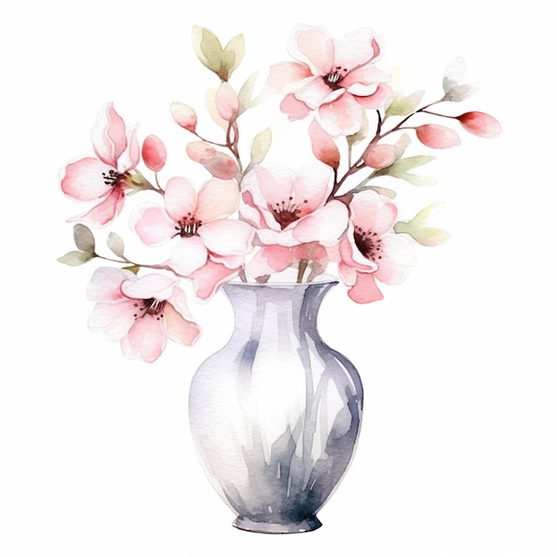 c'è un dipinto ad acquerello di un vaso con dei fiori in esso generativo ai