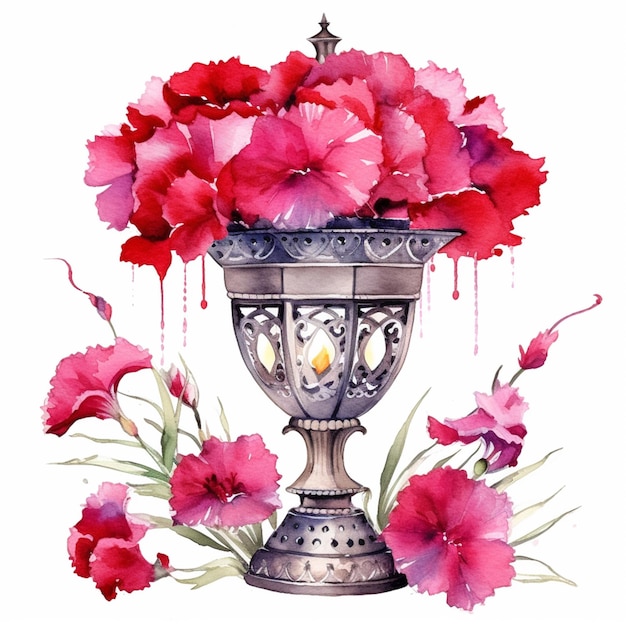 C'è un dipinto ad acquerello di un vaso con fiori generativi ai
