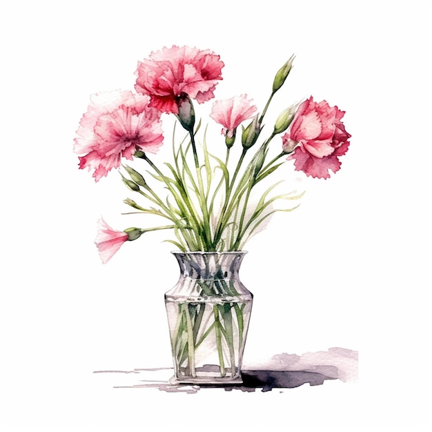C'è un dipinto ad acquerello di un vaso con fiori rosa generativa ai