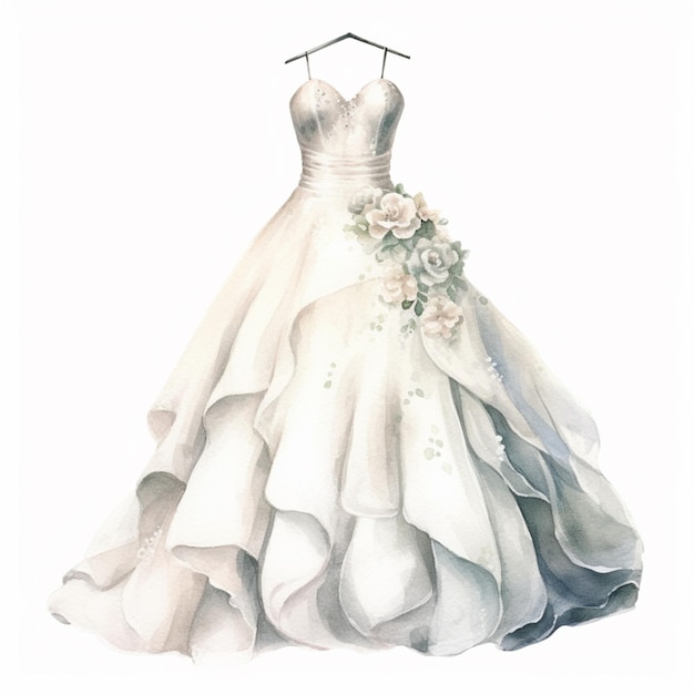 C'è un dipinto ad acquerello di un vestito da sposa su un appendiabiti generativo ai