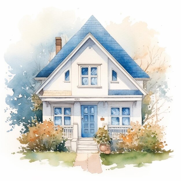 c'è un dipinto ad acquerello di una casa con un tetto blu generativo ai