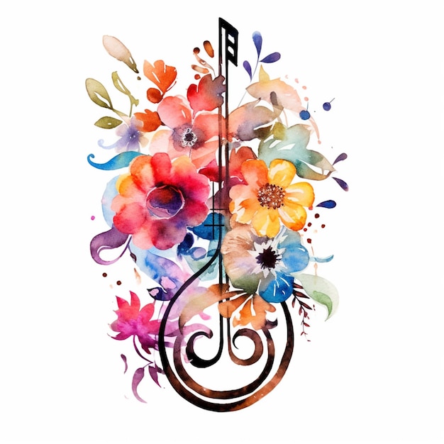 c'è un dipinto ad acquerello di una chitarra con dei fiori su di essa