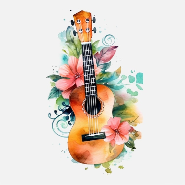 C'è un dipinto ad acquerello di una chitarra con fiori generativo ai