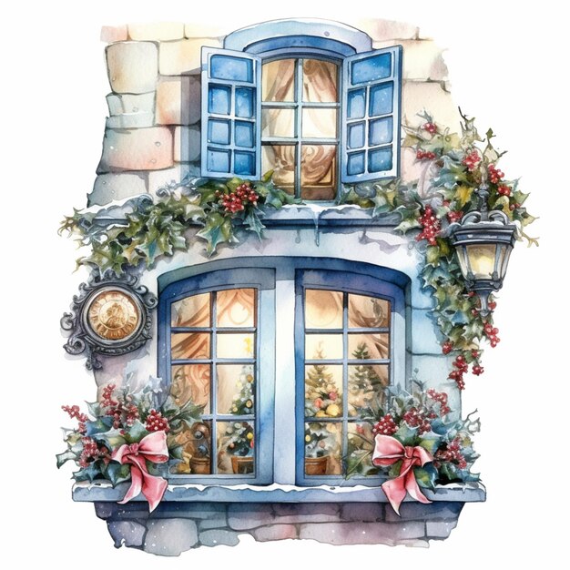 C'è un dipinto ad acquerello di una finestra con un orologio e decorazioni natalizie generative ai