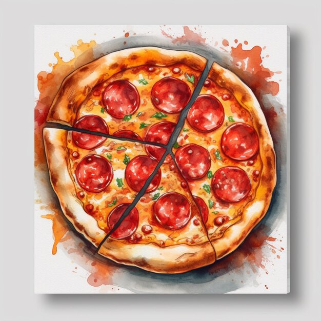 c'è un dipinto ad acquerello di una pizza con pepperoni su di essa