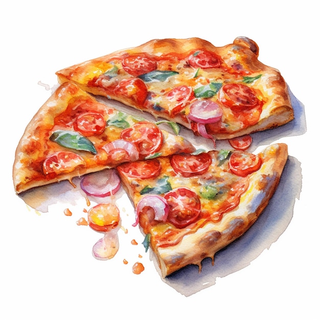C'è un dipinto ad acquerello di una pizza con una fetta mancante.