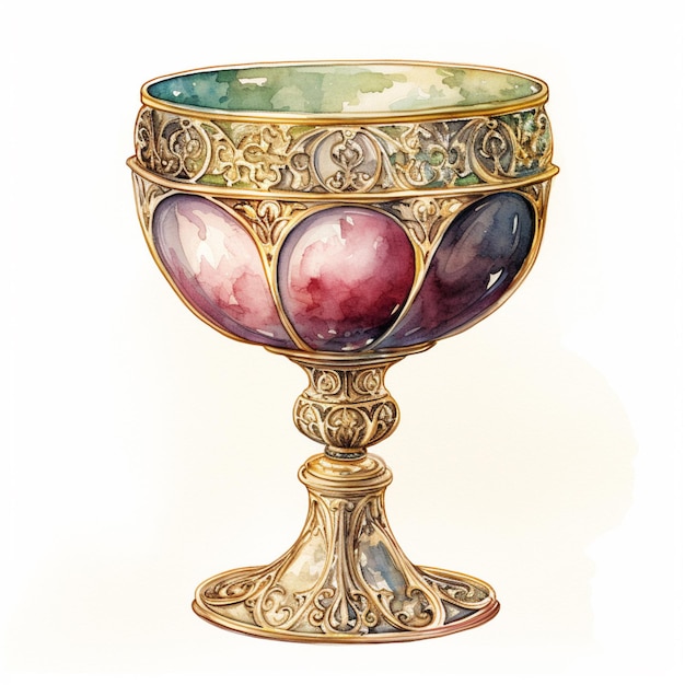 C'è un dipinto ad acquerello di una tazza d'oro con un disegno viola e verde generativo ai
