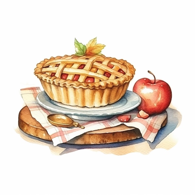 C'è un dipinto ad acquerello di una torta e una mela generativa ai