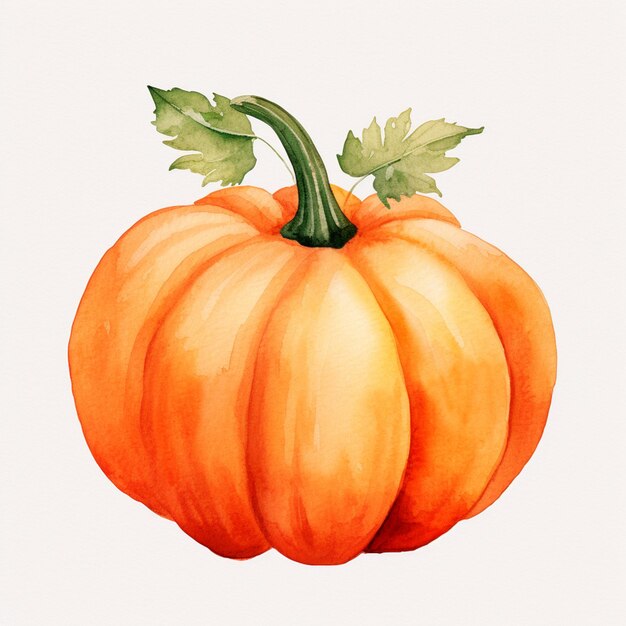 c'è un dipinto ad acquerello di una zucca con foglie generative ai