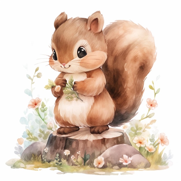 c'è un dipinto ad acquerello di uno scoiattolo seduto su un ceppo generativo ai