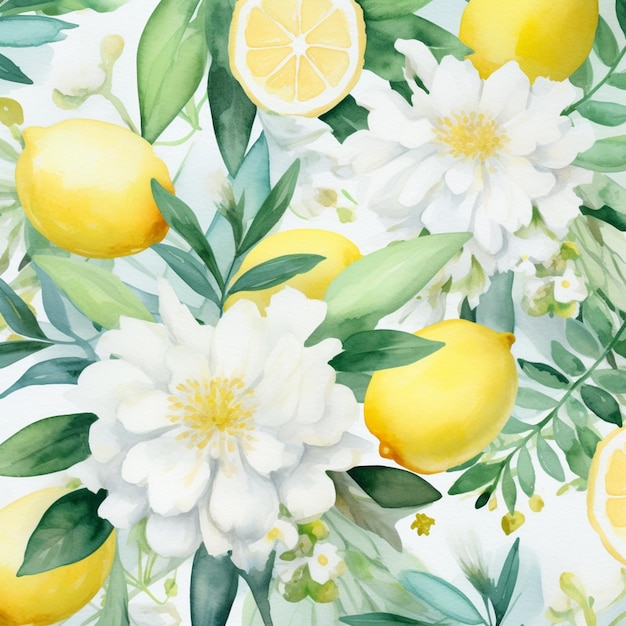 C'è un dipinto di limoni e fiori su uno sfondo bianco ai generativo