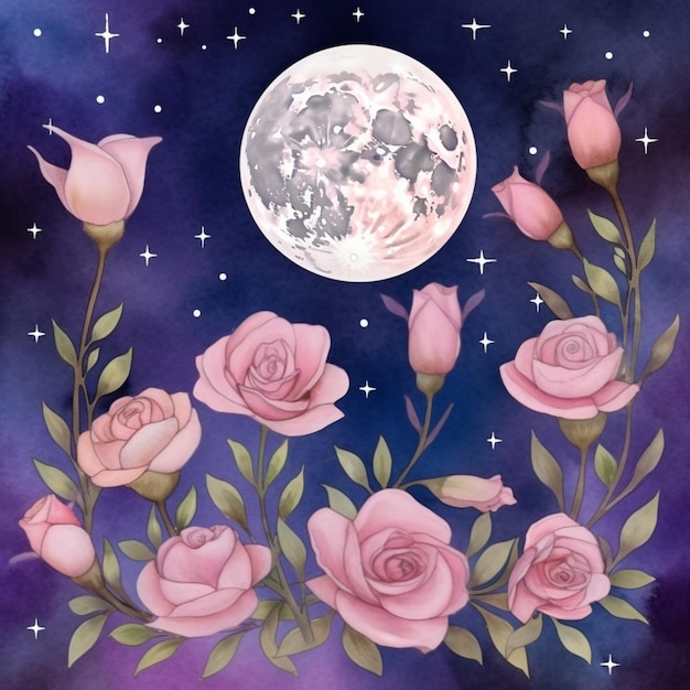 C'è un dipinto di rose e una luna piena nel cielo generativo ai