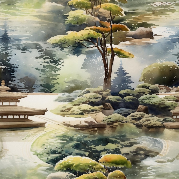 C'è un dipinto di un acquarello dipinto di un giardino giapponese generativo ai