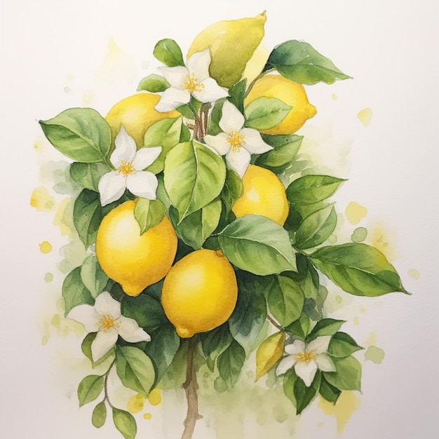 C'è un dipinto di un albero di limoni con fiori bianchi generativo ai