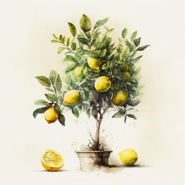 c'è un dipinto di un albero di limoni con un limone in vaso generativo ai