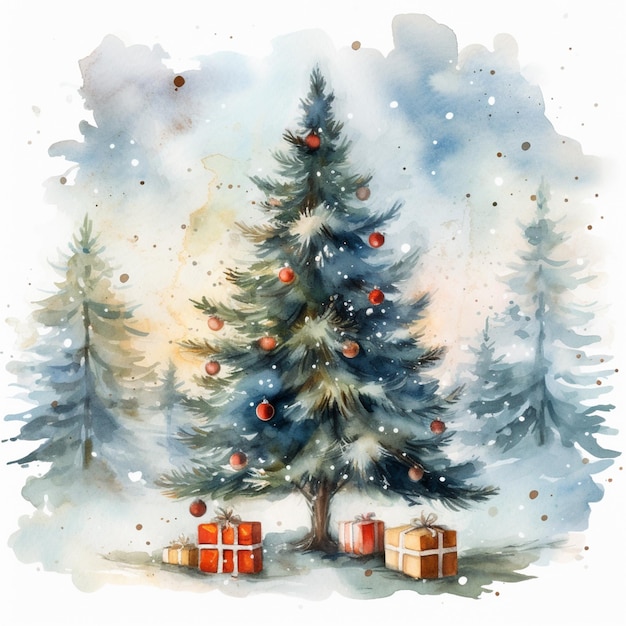 C'e' un dipinto di un albero di Natale con dei regali sotto.