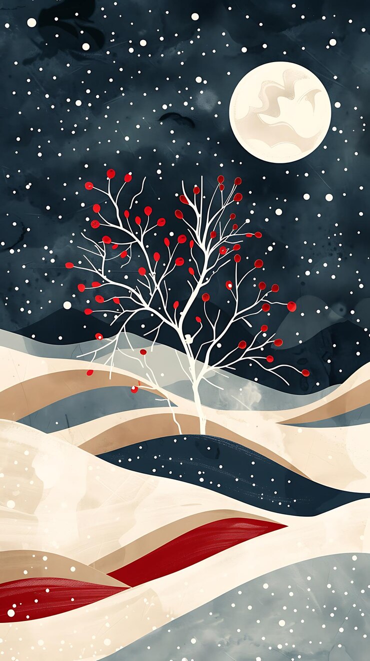 c'è un dipinto di un albero nella neve con una luna piena