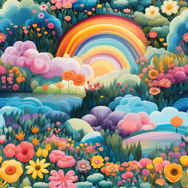 c'è un dipinto di un arcobaleno nel cielo con fiori generativi ai