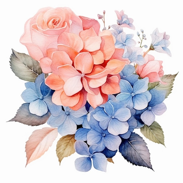 C'è un dipinto di un bouquet di fiori con fiori blu e rosa generativo ai